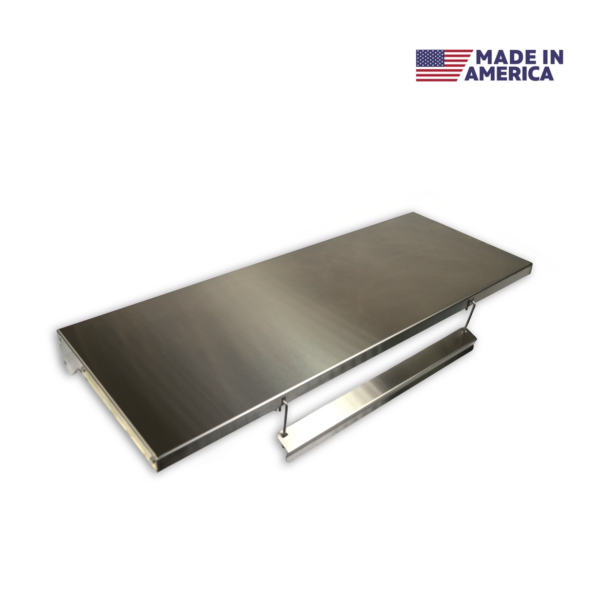 Stainless steel shelf with 'Made in America' label on a white background