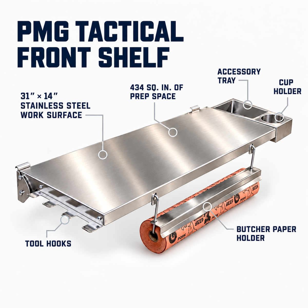 Traeger Woodridge Pro / Pro Plus / Elite | Pimp My Grill® Tactical Stainless Folding Front Shelf