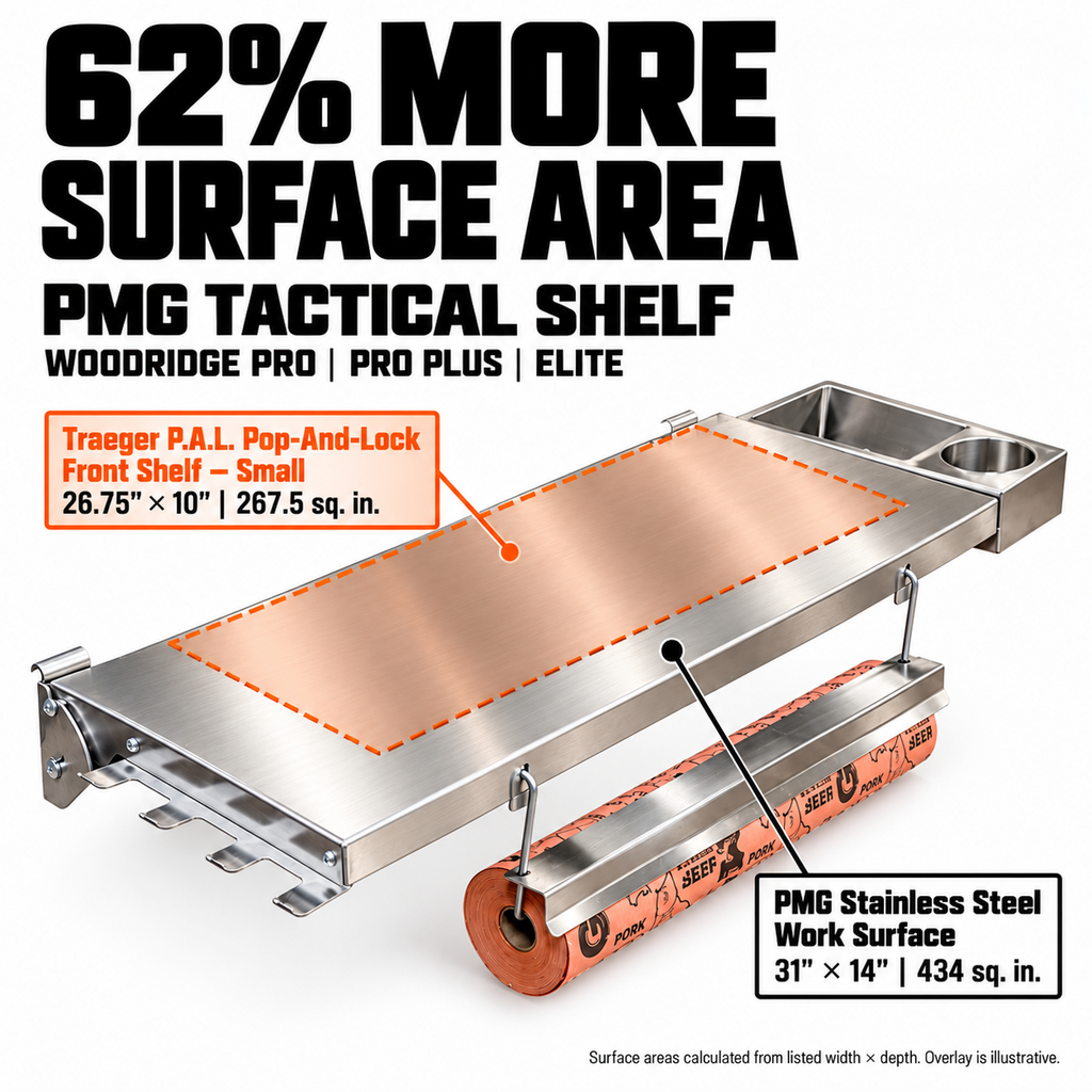 Traeger Woodridge Pro / Pro Plus / Elite | Pimp My Grill® Tactical Stainless Folding Front Shelf