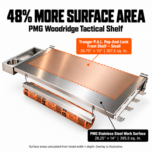 Traeger Woodridge | Pimp My Grill® Tactical Stainless Folding Front Shelf