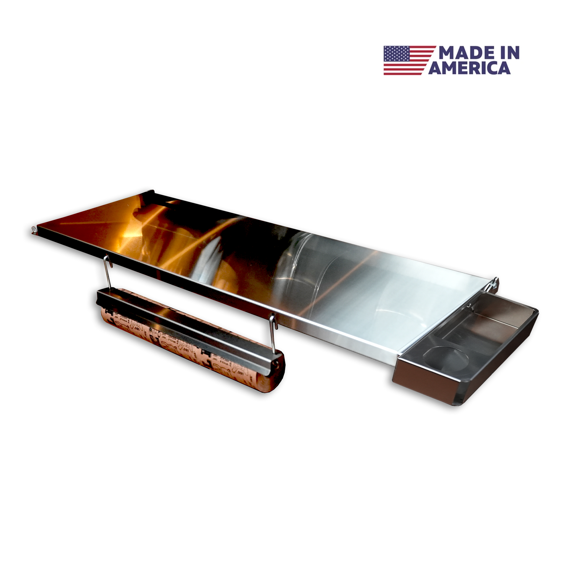 Metallic surface with a flame design and 'Made in America' label on a white background