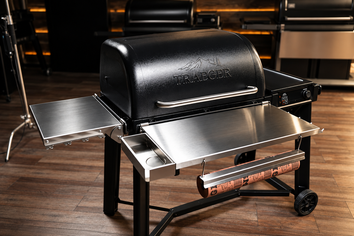 Traeger Woodridge | Pimp My Grill® Tactical Stainless Folding Front Shelf