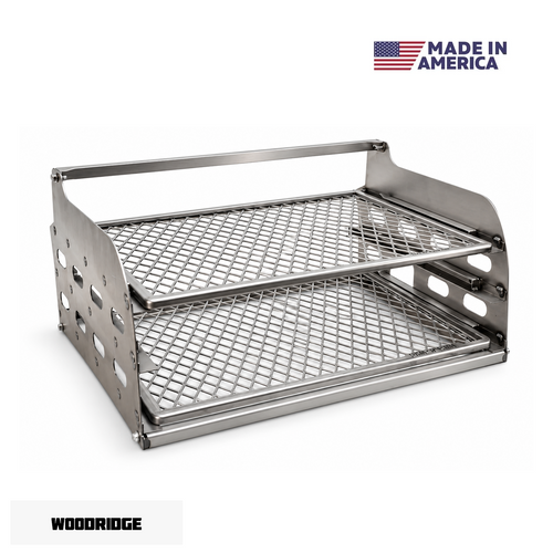 A carbon steal two-tier wire mesh shelf rack with a solid top handle, shown on a white background with a 'MADE IN AMERICA' badge and the 'WOODRIDGE' brand name.