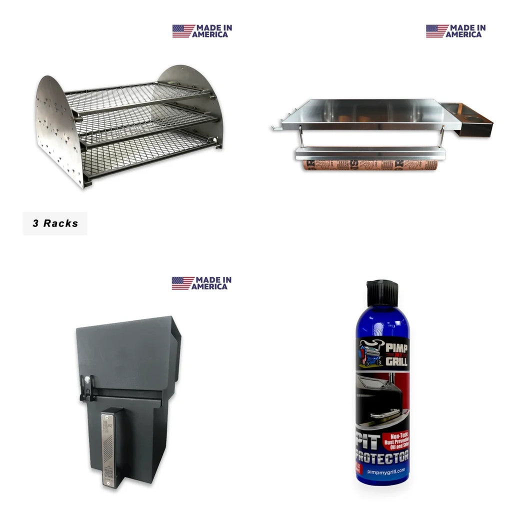 Collection of grill accessories including racks and a spray bottle on a white background with 'Made in America' labels.