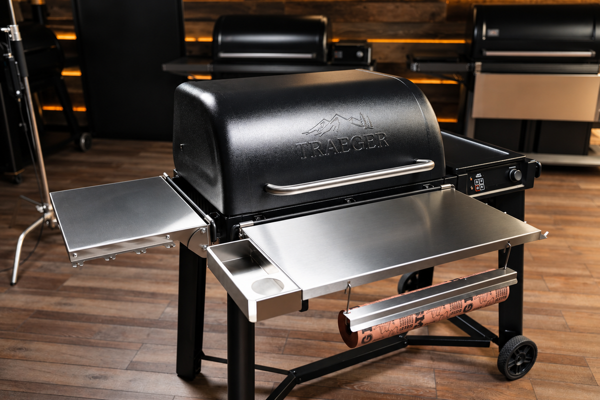 Traeger Woodridge | Pimp My Grill® Tactical Stainless Folding Front Shelf
