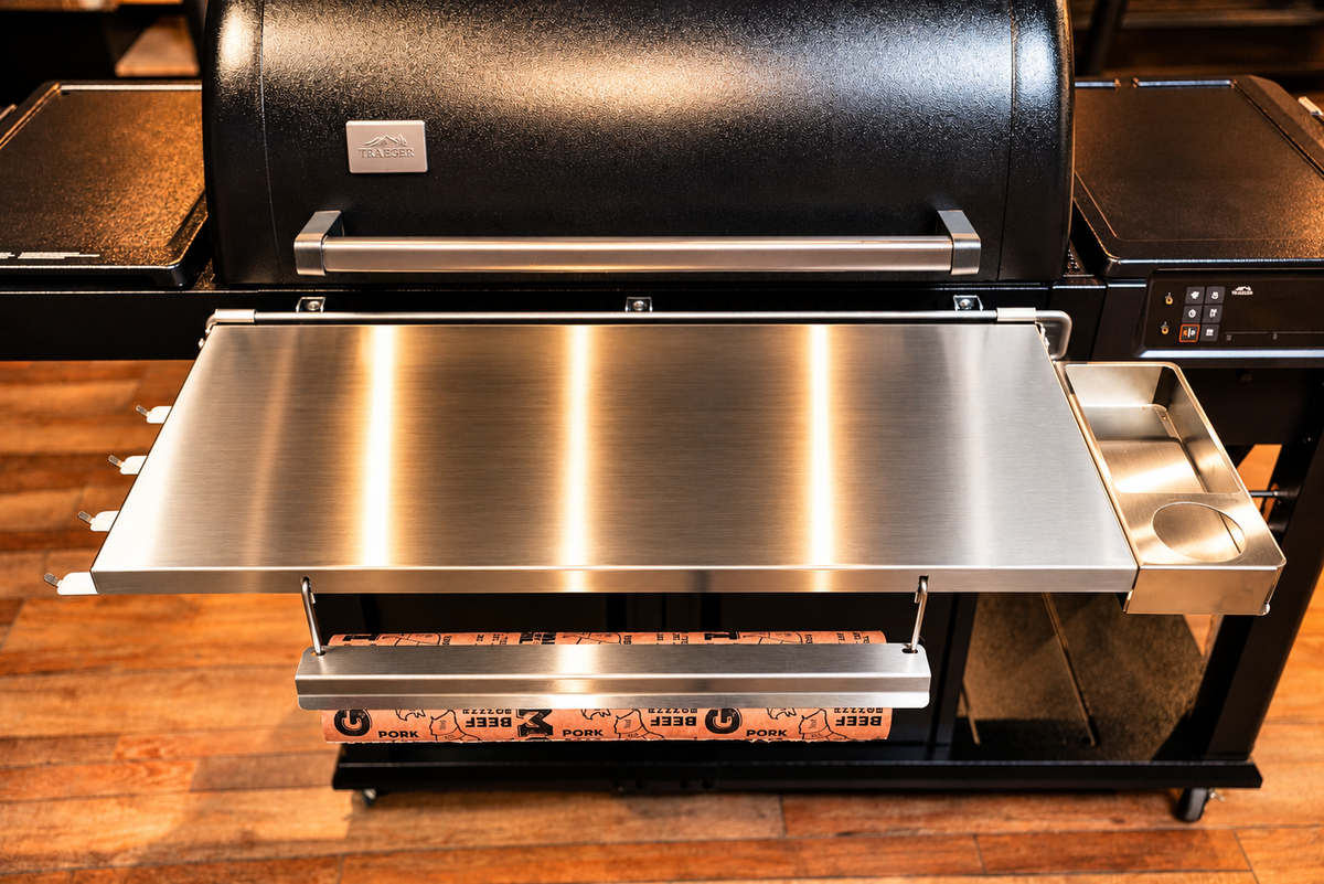 Traeger Woodridge Pro / Pro Plus / Elite | Pimp My Grill® Tactical Stainless Folding Front Shelf