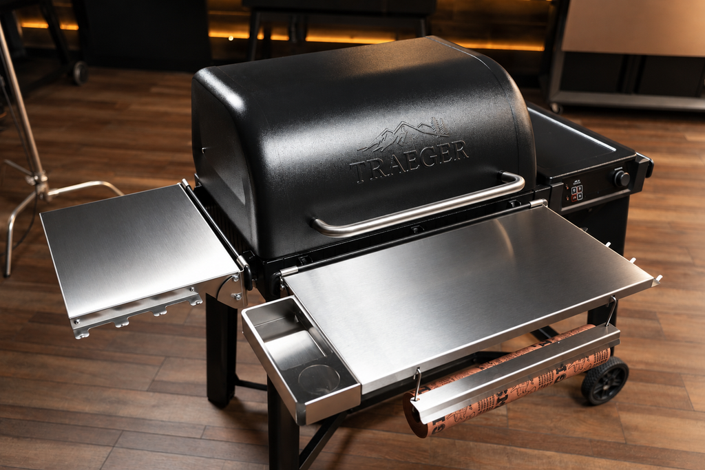 Traeger Woodridge | Pimp My Grill® Tactical Stainless Folding Front Shelf