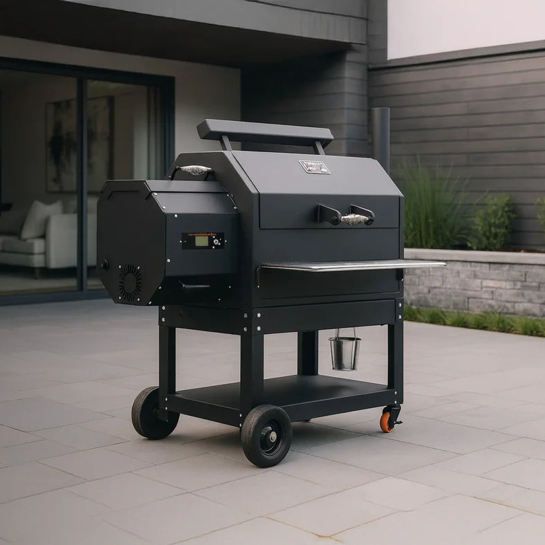 Black grill on wheels in an outdoor patio setting